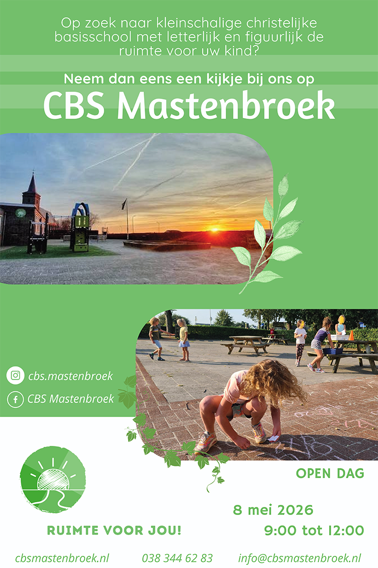 Op zoek naar kleinschalige christelijke basisschool met letterlijk en figuurlijk de ruimte voor uw kind? Neem dan eens een kijkje bij ons op CBS Mastenbroek